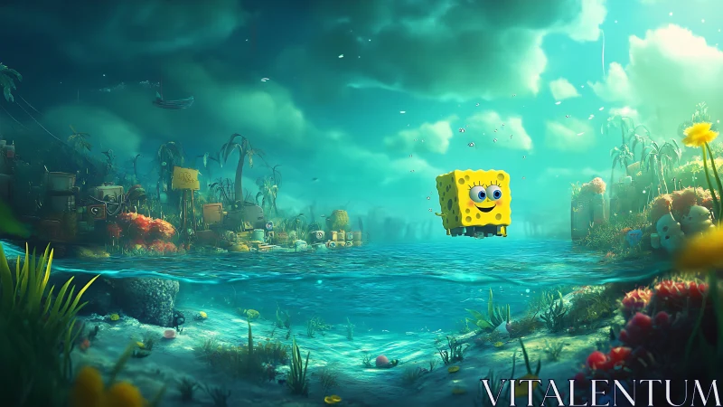 Cheerful sponge friend drifting through a dreamy lagoon.