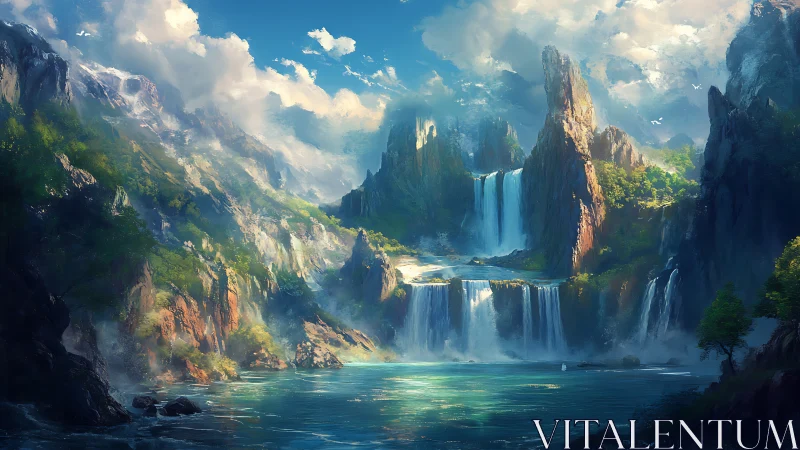 Layered alpine waterfalls cascade into misty turquoise basin