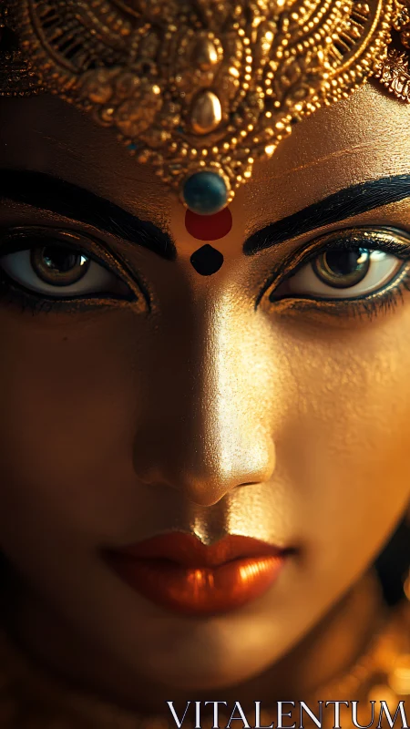 Gilded goddess visage in hyperreal devotional close-up.