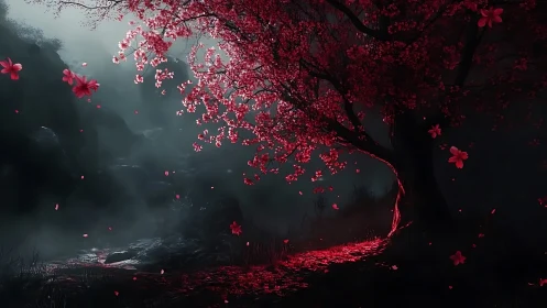 Crimson blossoms carve a glowing path through moonlit mist