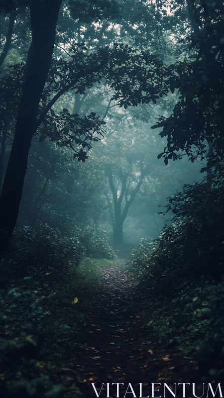 Mystical Forest Path Shrouded in Ethereal Mist