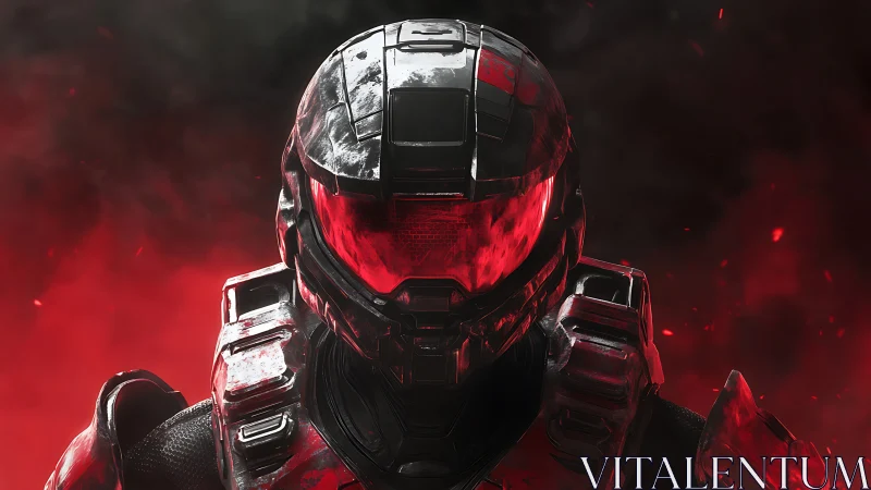 Red-armored exosuit portrait in high-contrast 3D lighting.