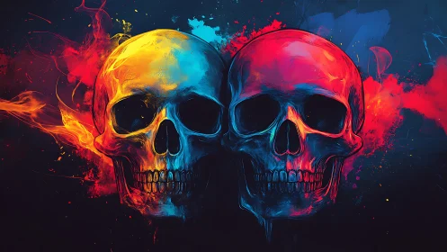 Dual colored human skulls with contrasting neon smoke forms.