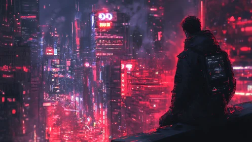 Lone hacker overlooks neon cyberpunk city in electric haze