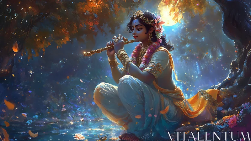 Moonlit flute player in saturated divine forest lighting study