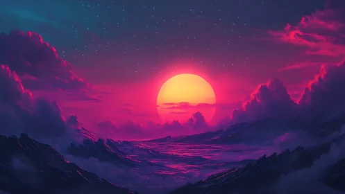 Chromatic twilight sun over spectral digital ocean basin.