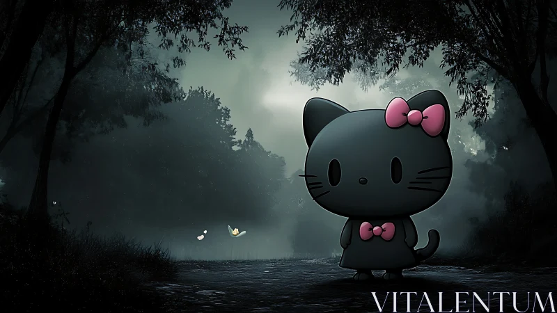 Black cartoon cat stands in misty forest under moonlight