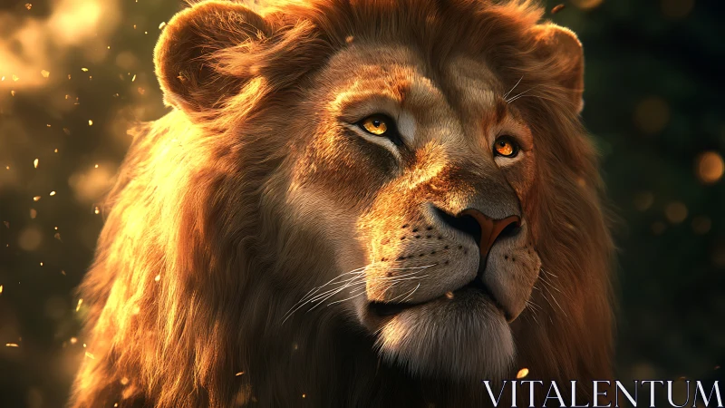 Golden light on lion face in close up wildlife portrait.