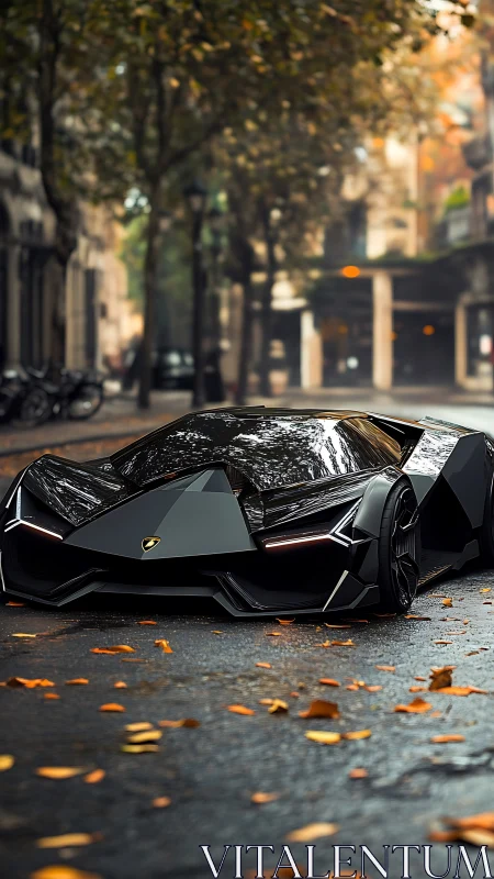Black concept supercar on wet city street in autumn weather.