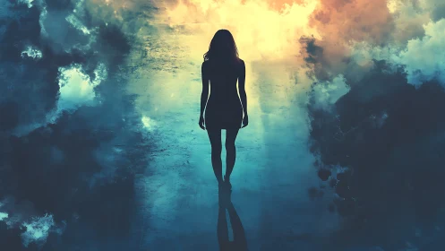Silhouetted figure in dual-toned atmospheric digital painting.