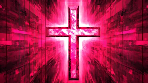 Luminous magenta cruciform portal with radial motion blur field.