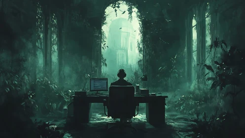 Solitary coder in overgrown cathedral office, teal haze.