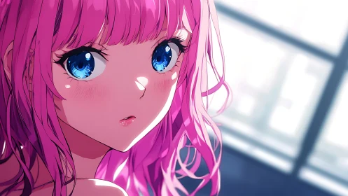 Pink haired anime girl portrait with blue eyes indoors.