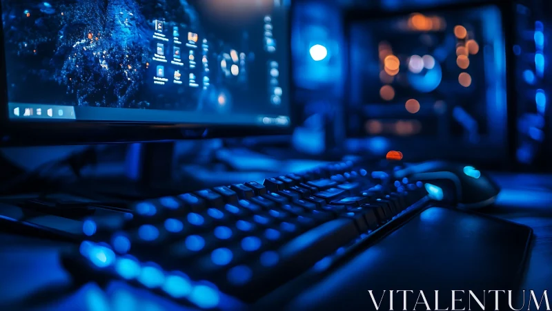 Cozy neon-lit gaming desk glowing in midnight blue calm.