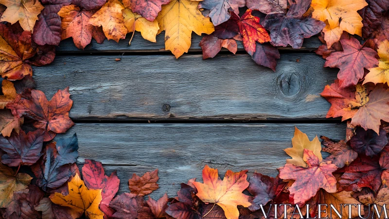 Rustic autumn leaf frame on weathered wooden planks background.