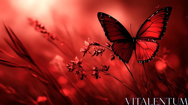 Scarlet butterfly floats in dreamy red meadow haze at dusk