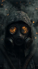 Cinematic gasmask portrait in post-apocalyptic hooded armor.