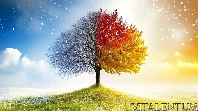 Bipartite seasonal tree renders winter and autumn in one form