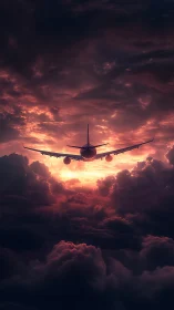 Passenger jet framed by dramatic sunset storm clouds.
