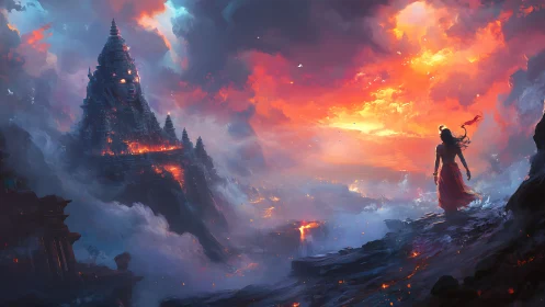 Stormlit temple titan and lone ember-cloaked wanderer.