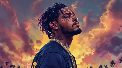 Pensive man gazes upward against vivid sunset clouds