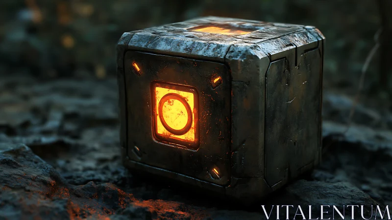 Weathered metallic cube with glowing orange core outdoors.