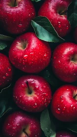 Fresh red apples with water droplets and green leaves.