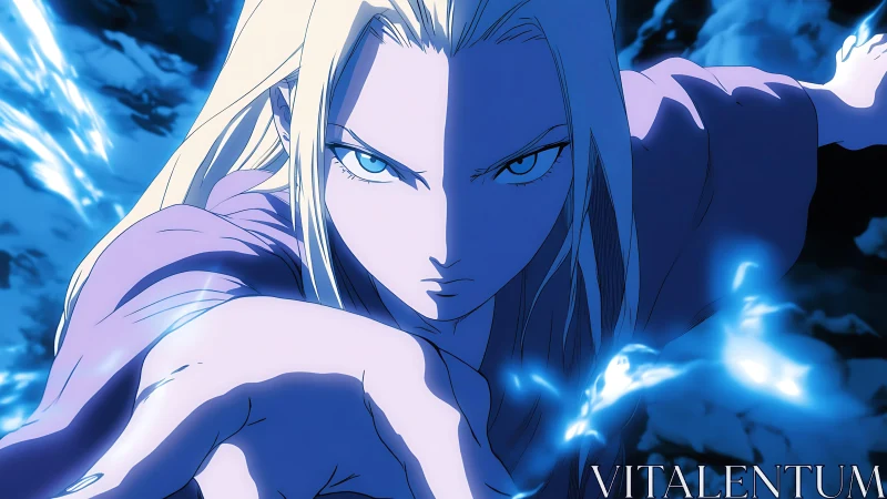 Intense blonde anime mage casting blue electrical energy spell