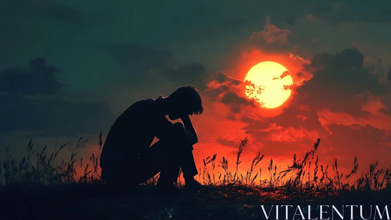 Silhouetted figure in reflective pose against blazing sunset.