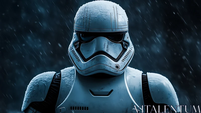 Armored sci‑fi soldier in icy downpour, cinematic closeup.