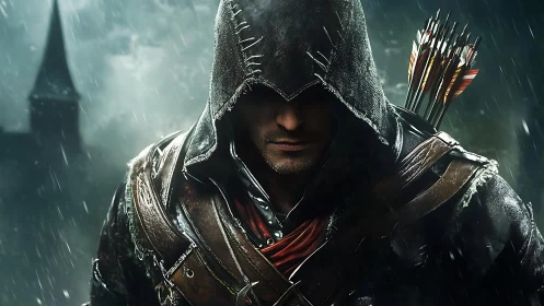 Hooded archer in rain-soaked tactical leather gear portrait.