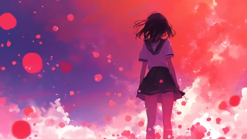 Skyward schoolgirl amid drifting petals at dusk.