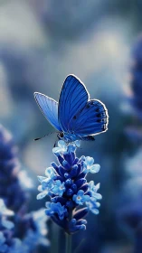 Blue butterfly rests on lavender flower in soft focused light