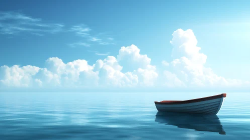 Quiet little rowboat drifting under a wide blue sky.