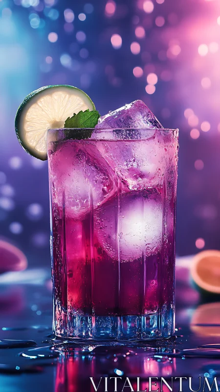 Magenta Cocktail with Lime Garnish and Bokeh Gradient Backdrop