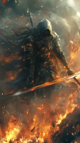 Hooded dark knight advances through raging inferno of war