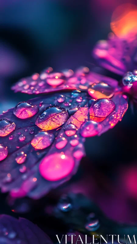 Neon raindrops resting on midnight leaves in quiet bloom.