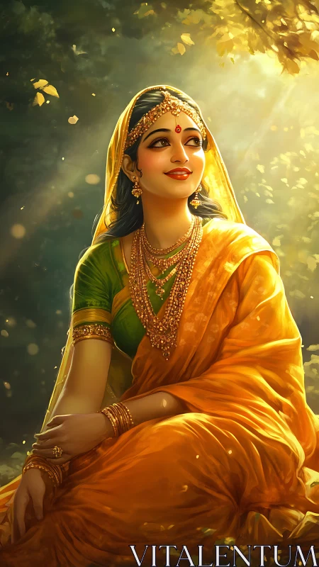 Radiant Indian woman in golden sari under forest sunlight.