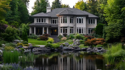 Lakeside manor nestles in lush garden sanctuary of green calm.