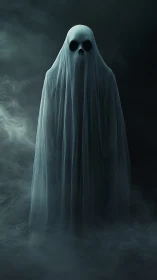 Ghostly figure drifts quietly through swirling midnight mist
