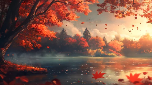 Radiant autumn forest glows beside a serene reflective lake.