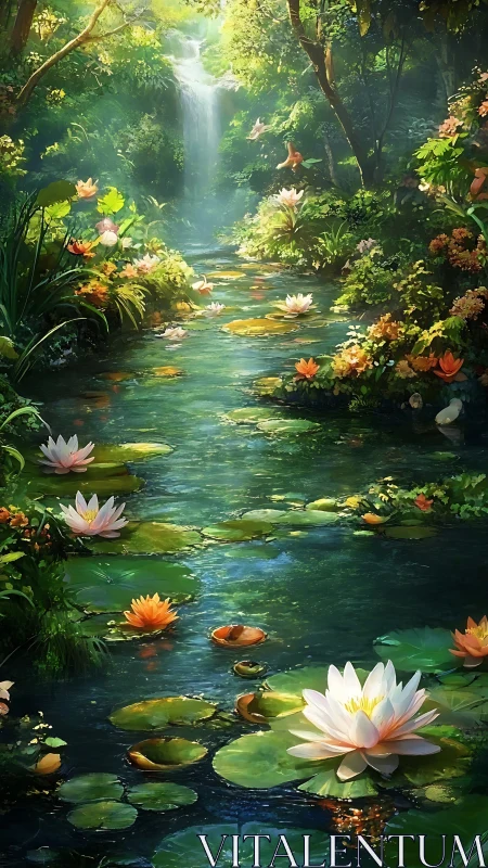 Lush forest creek with lotus-covered water surface and cascade