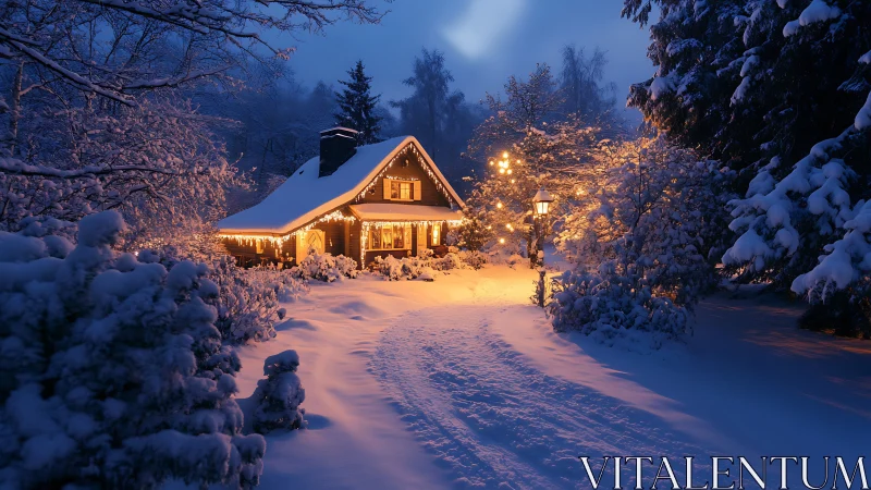Snow-covered cottage with warm lights at winter dusk.