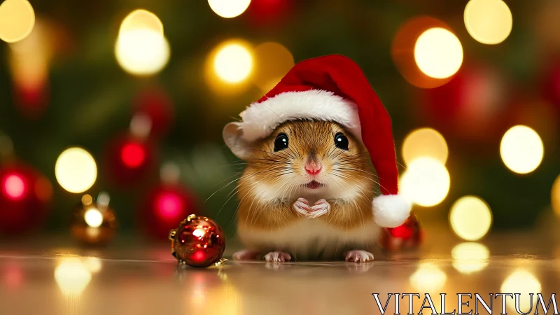 Festive hamster with Santa hat amid glowing bokeh lights.