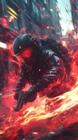 Flame-soaked street warrior dives through a molten crossfire