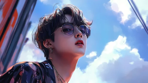 Stylized youth in sunglasses looks up toward bright sky