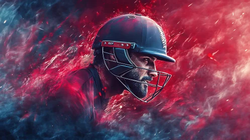 Cricket batsman in helmet rendered amid dynamic red vapor