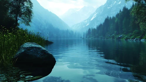 Mountain lake with forested shoreline under misty light.