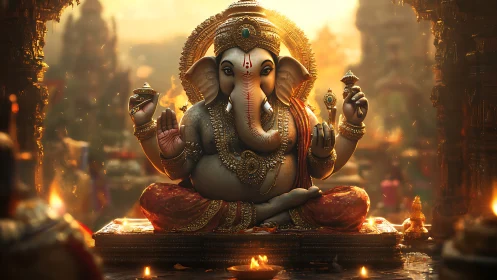 Divine Ganesha idol radiates golden temple serenity at dusk.