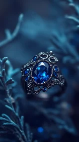 Ornate sapphire gemstone ring rests among soft blue foliage